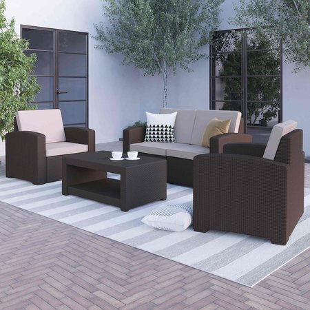 Flash Furniture 4 Piece Chocolate Brown Outdoor Faux Rattan Set DAD-SF-112T-CBN-GG